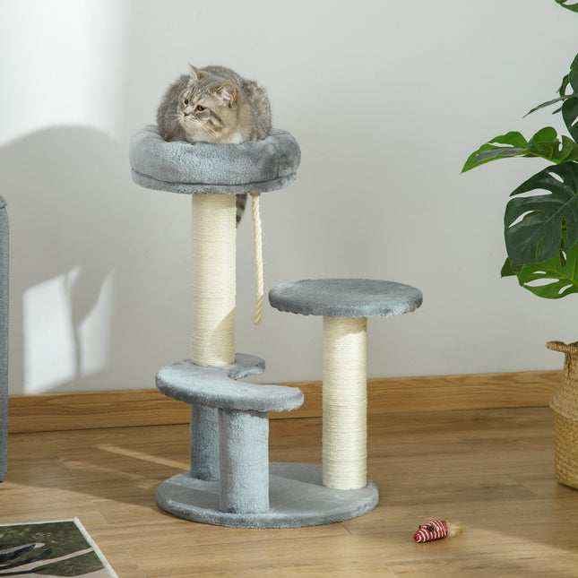 Grauer 3-stöckiger Katzenkratzbaum mit Hängematte und Sisalsäulen