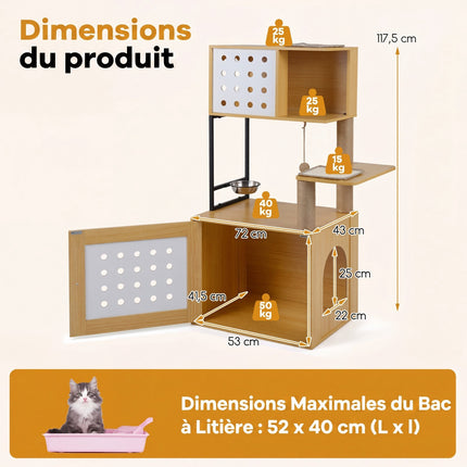 Cat Tree With Hidden Litter Box And Feeding Bowl, 117.5 cm