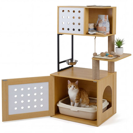 Cat Tree With Hidden Litter Box And Feeding Bowl, 117.5 cm