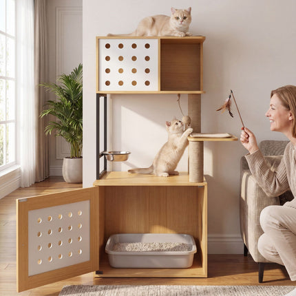 Cat Tree With Hidden Litter Box And Feeding Bowl, 117.5 cm