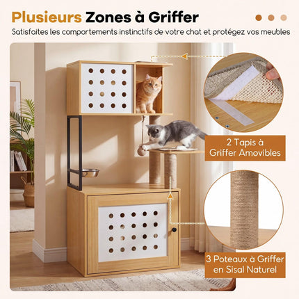 Cat Tree With Hidden Litter Box And Feeding Bowl, 117.5 cm