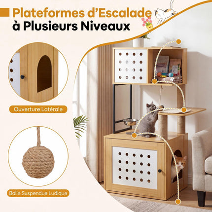 Cat Tree With Hidden Litter Box And Feeding Bowl, 117.5 cm
