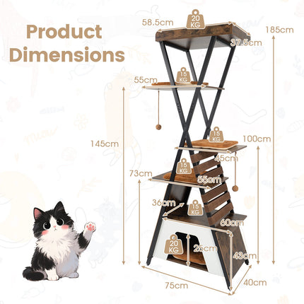 Katzenkratzbaum für Hauskatzen, 185 cm, mit Höhle und Aussichtsplattform