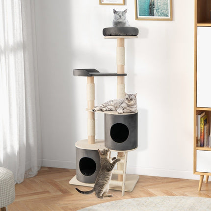 Katzenkratzbaum mit 2 Höhlen, Plüsch-Sitzstange & Plattform, 161 cm