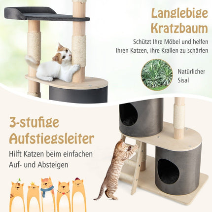 Katzenkratzbaum mit 2 Höhlen, Plüsch-Sitzstange & Plattform, 161 cm