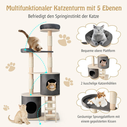 Katzenkratzbaum mit 2 Höhlen, Plüsch-Sitzstange & Plattform, 161 cm