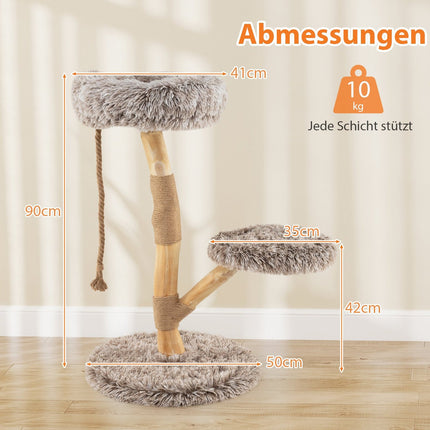 Cat Tree with 3 Plush Platforms, Jute Posts, 90 cm