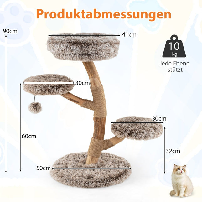 Kočičí strom se 4 plyšovými patry, březové dřevo, jutové sloupky
