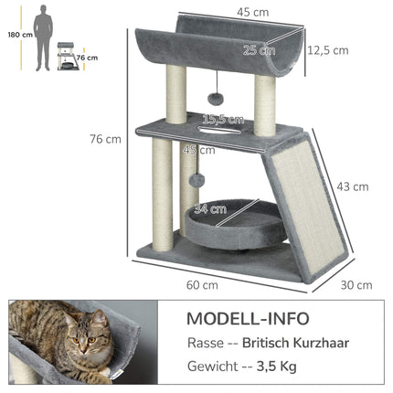 Cat Tree with Bed & Toys, Light Grey, 60 x 30 x 76 cm