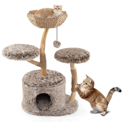 Cat Tree with Cave, 105cm, Birch Wood, Plush Platforms
