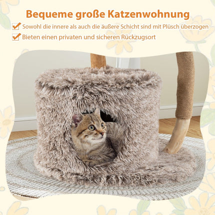 Cat Tree with Cave, 105cm, Birch Wood, Plush Platforms