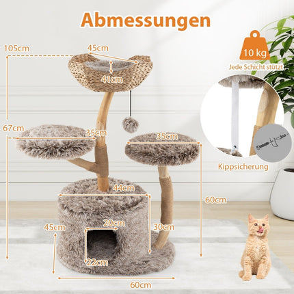 Cat Tree with Cave, 105cm, Birch Wood, Plush Platforms