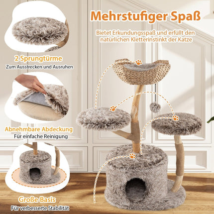 Cat Tree with Cave, 105cm, Birch Wood, Plush Platforms