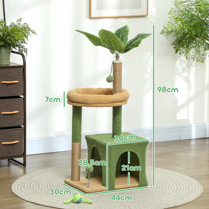 Cat Tree with Cave, Bed & Jute Posts – 98 cm, Leaf Design