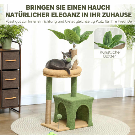 Cat Tree with Cave, Bed & Jute Posts – 98 cm, Leaf Design