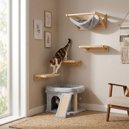 Cat Tree with Cave & Bed, Light Grey, 38.5 x 54 x 45 cm