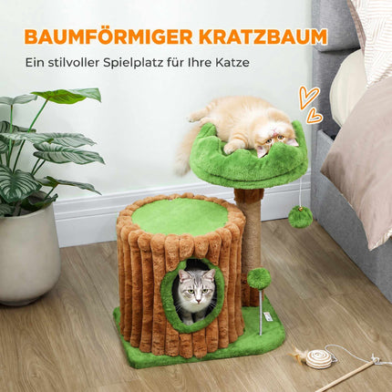 Cat Tree with Cave, Jute Posts, 2 Balls, Brown/Green