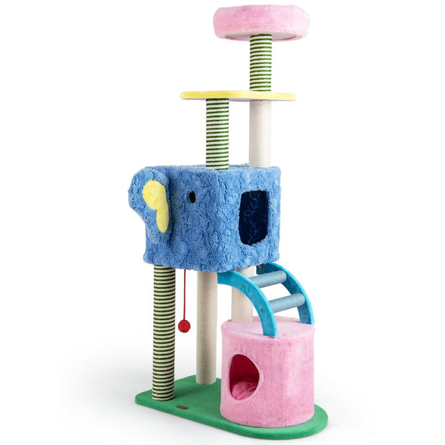 Katzenbaum mit Elefanten-Design, 2 Höhlen, gepolsterte Liegefläche, Kratzsäulen
