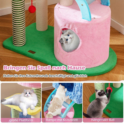 Katzenbaum mit Elefanten-Design, 2 Höhlen, gepolsterte Liegefläche, Kratzsäulen
