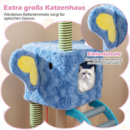 Katzenbaum mit Elefanten-Design, 2 Höhlen, gepolsterte Liegefläche, Kratzsäulen