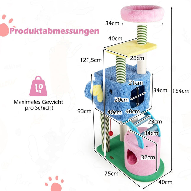 Katzenbaum mit Elefanten-Design, 2 Höhlen, gepolsterte Liegefläche, Kratzsäulen