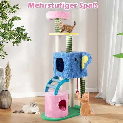 Katzenbaum mit Elefanten-Design, 2 Höhlen, gepolsterte Liegefläche, Kratzsäulen