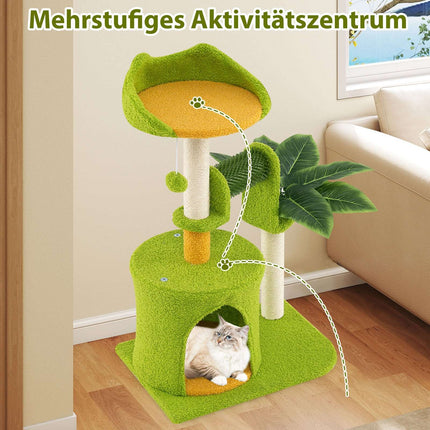 Katzenbaum mit Kunstblättern, Höhle und Plattform - Grün