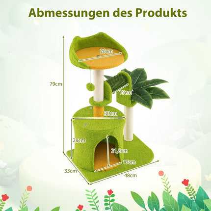 Katzenbaum mit Kunstblättern, Höhle und Plattform - Grün