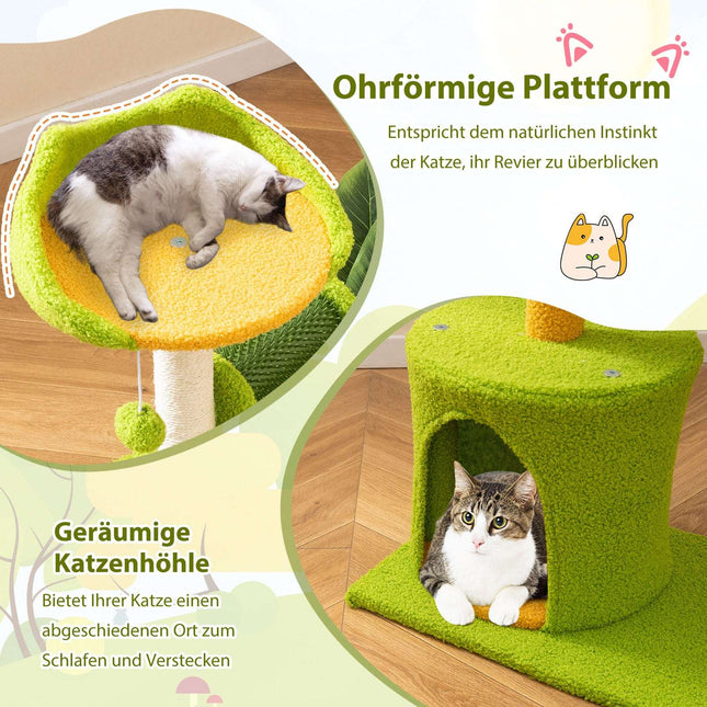 Katzenbaum mit Kunstblättern, Höhle und Plattform - Grün