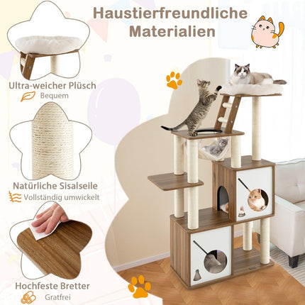 Katzenkratzbaum mit Hängematte, 2 Höhlen, Leiter – 145cm Holz