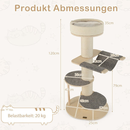 Cat Tree with Hammock, 3 Platforms, Sisal Carpet, 120 cm