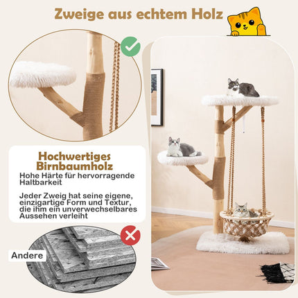 Cat Tree with Hammock, Real Wood Posts, Scratch Poles