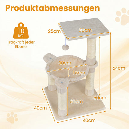 Kočičí strom s houpací sítí a sisalovými sloupky, 64cm, béžová