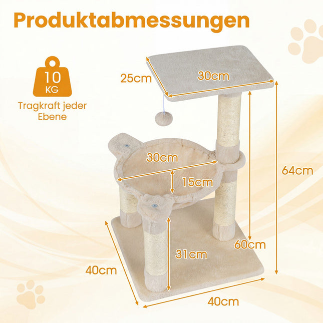 Kočičí strom s houpací sítí a sisalovými sloupky, 64cm, béžová