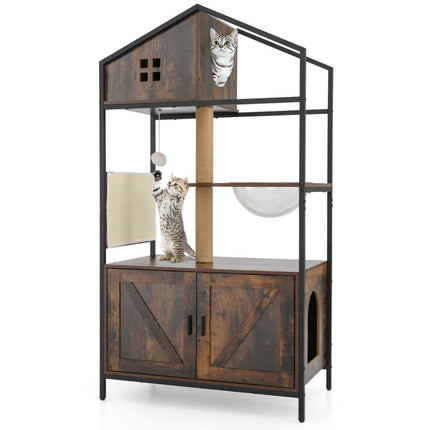 Cat Tree with Hidden Litter Box Cabinet, Brown, Multi-Functional