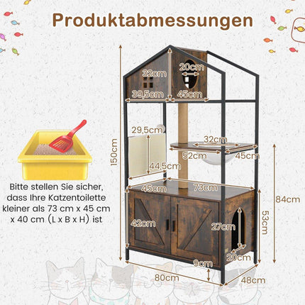 Cat Tree with Hidden Litter Box Cabinet, Brown, Multi-Functional