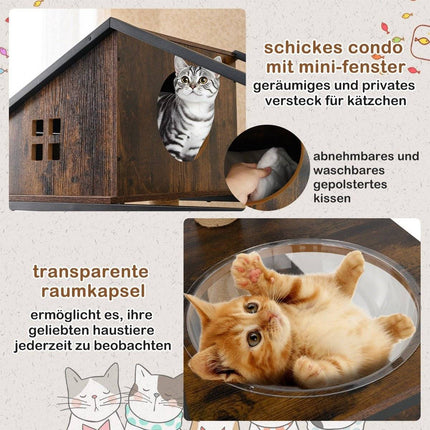 Cat Tree with Hidden Litter Box Cabinet, Brown, Multi-Functional