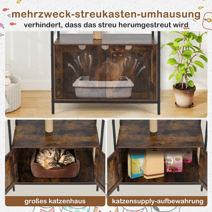 Cat Tree with Hidden Litter Box Cabinet, Brown, Multi-Functional