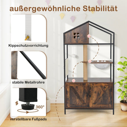 Cat Tree with Hidden Litter Box Cabinet, Brown, Multi-Functional