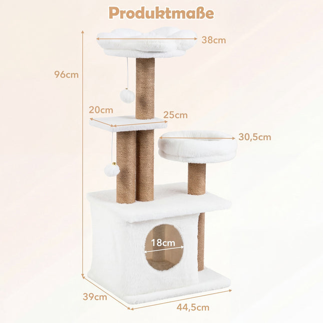 Katzenbaum mit Haus, Plattform, Bett & Bällen, 96 cm Beige