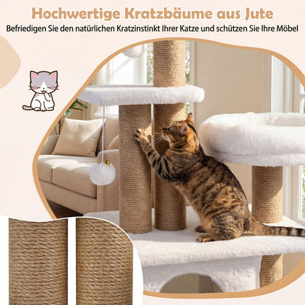 Katzenbaum mit Haus, Plattform, Bett & Bällen, 96 cm Beige