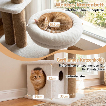 Katzenbaum mit Haus, Plattform, Bett & Bällen, 96 cm Beige