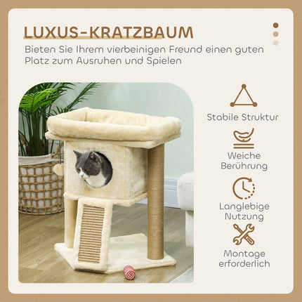 Katzenkratzbaum mit Jute-Kratzmatte, Bett, Spielball, Beige