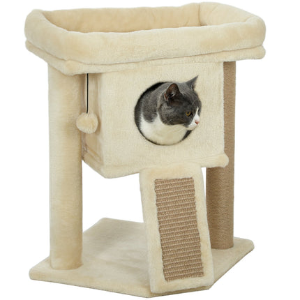 Katzenkratzbaum mit Jute-Kratzmatte, Bett, Spielball, Beige