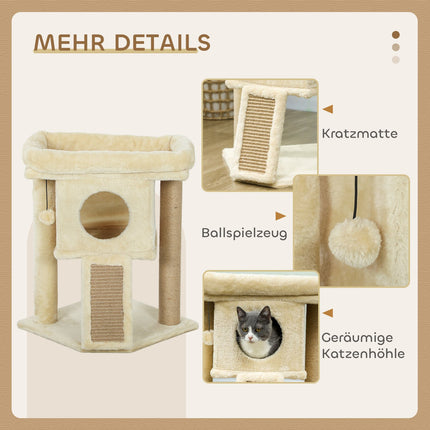 Katzenkratzbaum mit Jute-Kratzmatte, Bett, Spielball, Beige