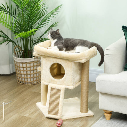 Katzenkratzbaum mit Jute-Kratzmatte, Bett, Spielball, Beige