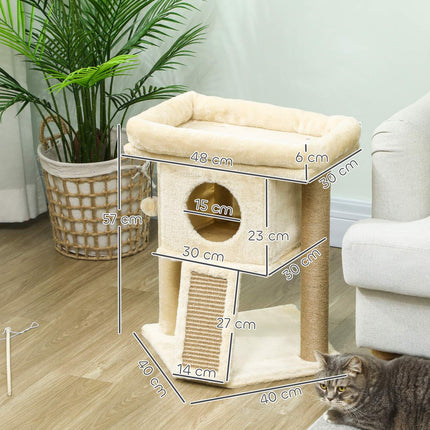 Katzenkratzbaum mit Jute-Kratzmatte, Bett, Spielball, Beige