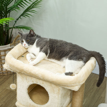 Katzenkratzbaum mit Jute-Kratzmatte, Bett, Spielball, Beige