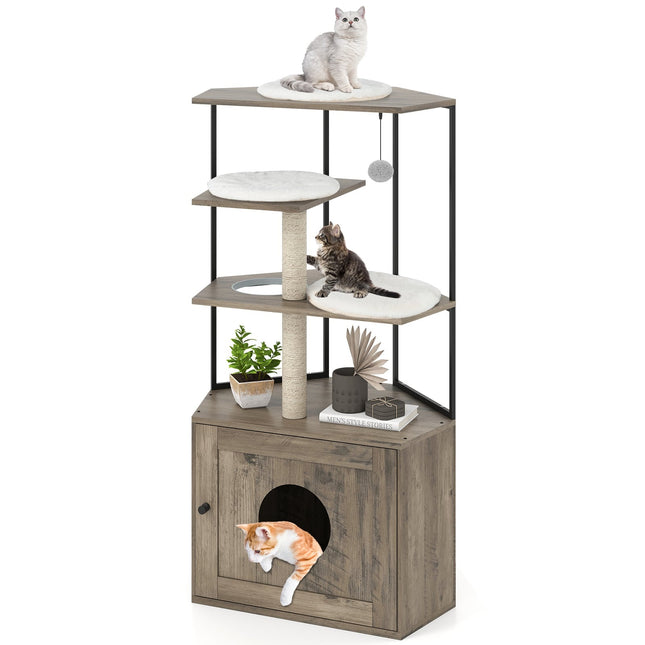 Katzenbaum mit Katzentoilettenschrank, Kratzstämmen, Kissen