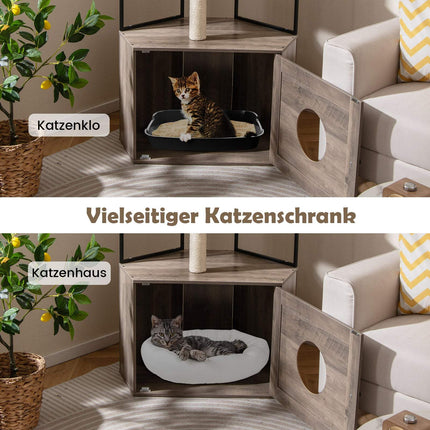 Katzenbaum mit Katzentoilettenschrank, Kratzstämmen, Kissen